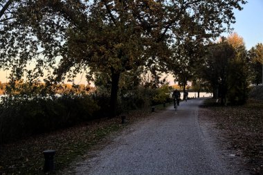 Sonbaharda gün batımında nehir kenarındaki bir parkta gezinen insanlarla dolu çakıl yolu.
