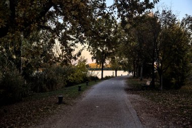 Sonbaharda gün batımında nehir kenarındaki bir parkta gezinen insanlarla dolu çakıl yolu.