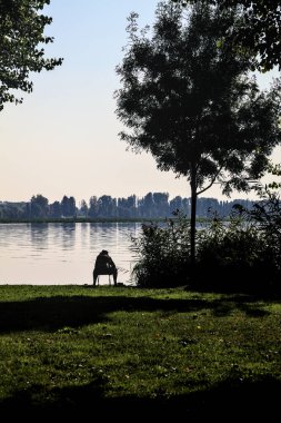 Gün batımında bir parkta gölün kıyısında oturan balıkçı.