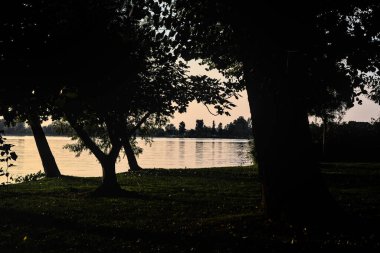 Gün batımında gölde ağaçların siluetiyle çerçevelenmiş.