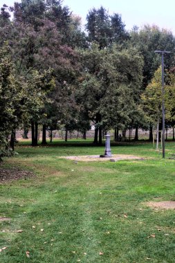 Arka planda ağaçlar olan parkta bir çeşme