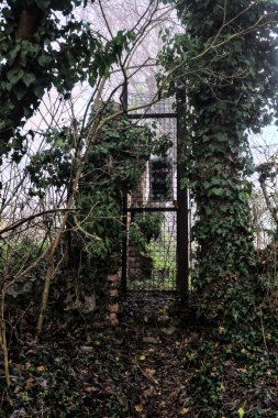 İtalya kırsalında sisli bir günde bir tarlanın yanındaki çitli metal kapı.