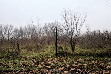 Broken fence in a bare field in the countryside on a cloudy day