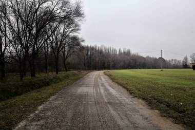 Bend in a road in the countryside on a cloudy day in winter