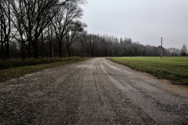 Bend in a road in the countryside on a cloudy day in winter