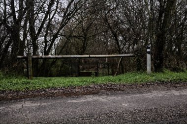 Bar by the edge of a country road in a grove on a cloudy day in winter
