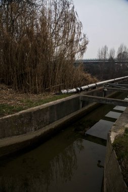 Kışın bulutlu bir günde arka planında viyadük olan bir su kemerinin yanında solan bastonlar.