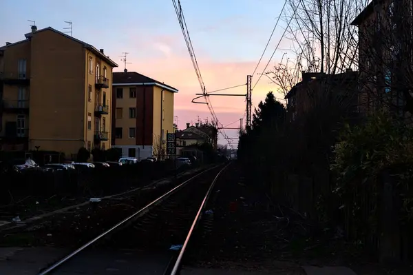 Attraversamento Ferroviario All Ombra Tramonto Inverno — Foto Stock