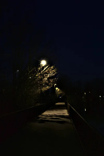Gece Bir Gölün Üzerindeki Köprüde Sokak Lambalarıyla Dolu Bir Geçit — Stok fotoğraf