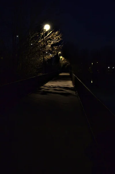 Pasaje Puente Sobre Lago Por Noche Con Farolas — Foto de Stock