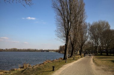 Gölün kıyısındaki bir parkta güneşli bir günde gezinen insanlarla dolu bir yol.