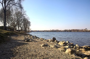 Güneşli bir günde bir gölün kayalık kıyısı