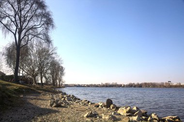 Güneşli bir günde bir gölün kayalık kıyısı