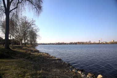 Güneşli bir günde bir gölün kayalık kıyısı