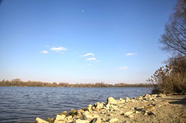 Güneşli bir günde bir gölün kayalık kıyısı