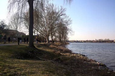 Güneşli bir günde bir gölün kayalık kıyısı