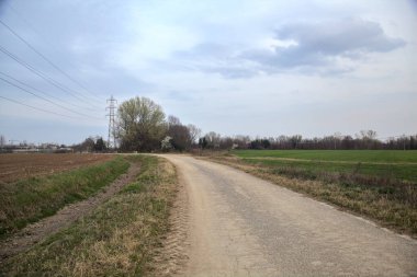 Bulutlu bir günde, alacakaranlıkta tarlaların yanındaki köy yolu.