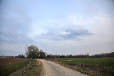 Bulutlu bir günde, alacakaranlıkta tarlaların yanındaki köy yolu.