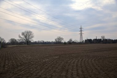 Bulutlu bir günde, bulutlu bir günde, uzak mesafede bir direği ve çıplak ağaçları olan tarlaları sürdüm.