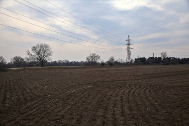 Bulutlu bir günde, bulutlu bir günde, uzak mesafede bir direği ve çıplak ağaçları olan tarlaları sürdüm.