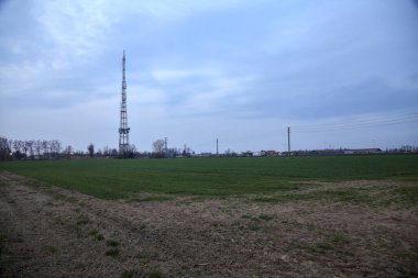 Alacakaranlıkta tarlanın kenarında koruluğu ve radyo kulesi olan bir yol.