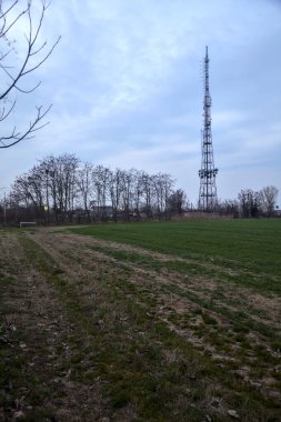 Alacakaranlıkta tarlanın kenarında koruluğu ve radyo kulesi olan bir yol.