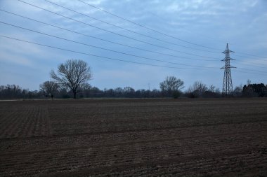 Bulutlu bir günde, bulutlu bir günde, uzak mesafede bir direği ve çıplak ağaçları olan tarlaları sürdüm.