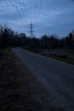 Bulutlu bir günde alacakaranlıkta, sınırında bir kapı olan kırsal bölgede yol