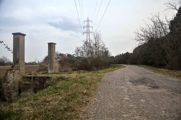 Bulutlu bir günde alacakaranlıkta, köy yolunun kenarındaki bir tarlaya giriş kapısı.