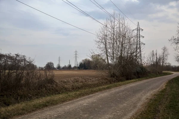 Bulutlu bir günde, alacakaranlıkta tarlaların yanındaki köy yolu.