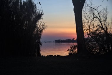 Uzaklardan görünen ağaçlarla çerçevelenmiş bir gölün üzerinde batan güneş.