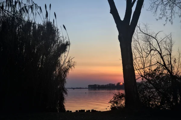 Sonnenuntergang Über Einem Von Bäumen Umrahmten See Aus Der Ferne — Stockfoto