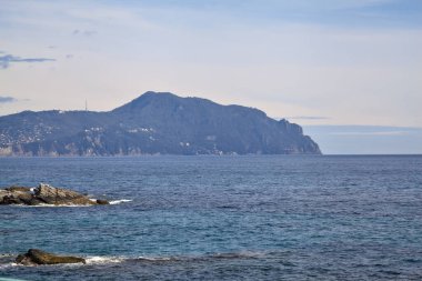 Güneşli bir günde deniz kenarında tarihi evler ve ağaçlarla dolu bir uçurum ve uzaktaki denize kadar uzanan bir kara şeridi.