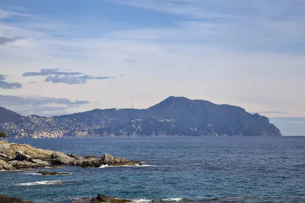 Güneşli bir günde deniz kenarında tarihi evler ve ağaçlarla dolu bir uçurum ve uzaktaki denize kadar uzanan bir kara şeridi.