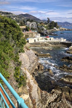 Güneşli bir günde deniz kenarında tarihi evler ve ağaçlarla dolu bir uçurum ve uzaktaki denize kadar uzanan bir kara şeridi.