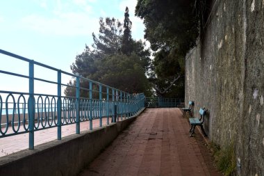 Güneşli bir günde, deniz kenarında bir bankta.