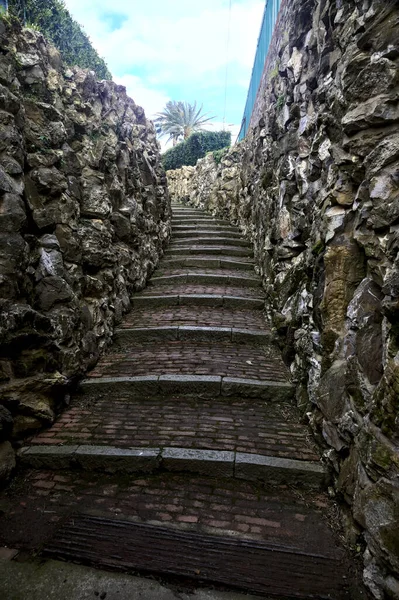 Escadaria Pedra Delimitada Por Paredes Pedra Parque — Fotografia de Stock