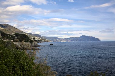 Güneşli bir günde deniz kenarında tarihi evler ve ağaçlarla dolu bir uçurum ve uzaktaki denize kadar uzanan bir kara şeridi.