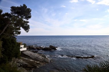 Güneşli bir günde, ağaçlar ve deniz çamı olan bir uçurum tarafından çerçevelenmiş deniz.