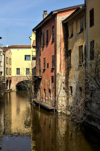 Канал Посеред Італійського Міста Межує Будинками Голою Деревиною Сонячний День — стокове фото