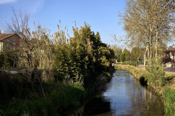 Stream Water Bordered Houses Trees Reflections Casted Water Sunny Day — Stock Fotó