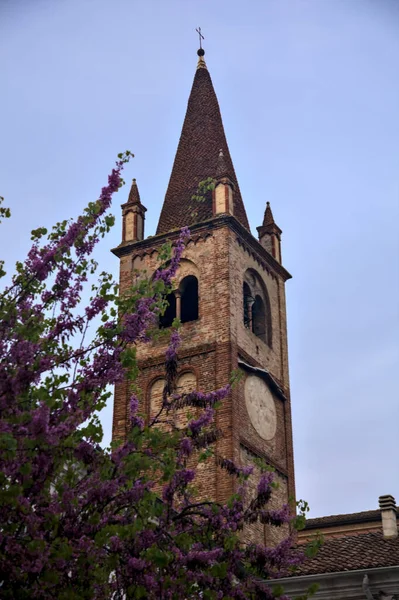 Alacakaranlıkta Kırmızı Tomurcuk Ağaçlarının Olduğu Bir Kilisenin Çan Kulesi — Stok fotoğraf