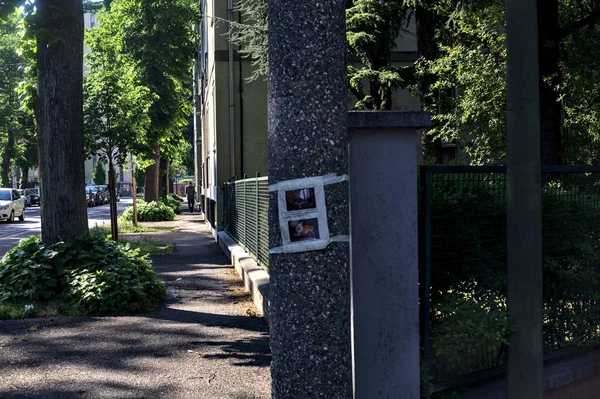 Bir İtalyan kasabasında sokak kenarında kavak ağacı olan bir ev.