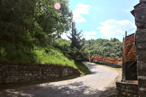 Draai Een Heuvel Verharde Weg Een Bos Begrensd Door Het — Stockfoto