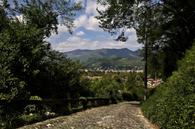 Güneşli bir günde, arka planda bir dağ sırtı ve bir kasaba olan bir ormanda Paved Yolu