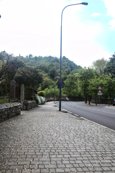 Strada Delimitata Alberi Una Zona Residenziale Alla Periferia Una Città — Foto Stock