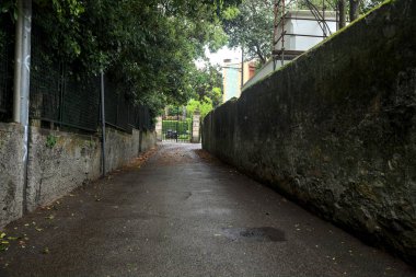 Beton duvarlar ve ağaçlarla çevrili bir yan yol.