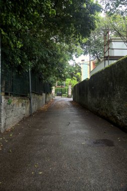 Beton duvarlar ve ağaçlarla çevrili bir yan yol.