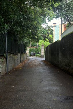 Beton duvarlar ve ağaçlarla çevrili bir yan yol.