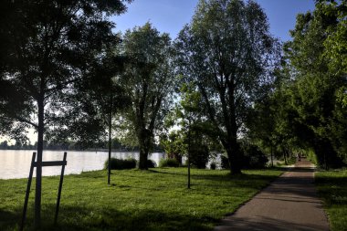 Gün batımında gölün kıyısındaki bir parkta patika.